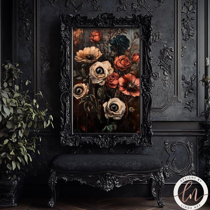 Macabre Botanical Goth Print, Dark Academia Home Decor, Victorian Gothic Poster, Forestcore, Autumn Colors, Spooky Eyes Flowers | Unframed P