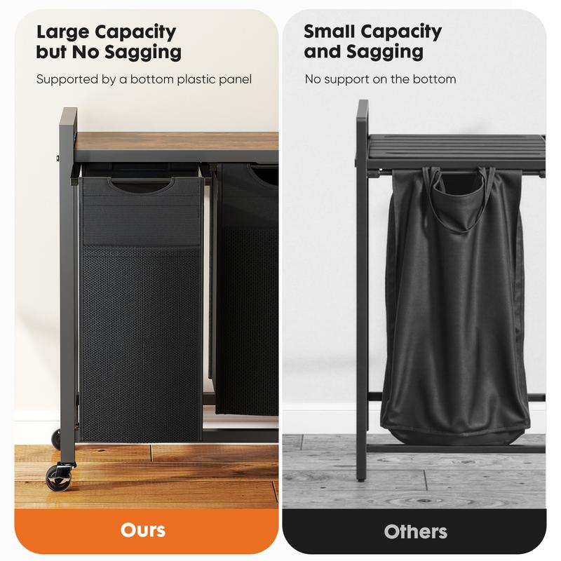 Laundry Hamper, Laundry Sorter with Shelf, Clothes Basket Organizer with 2 Pull-Out and Removable Bags, Movable Wheels for Laundry Room Bathroom Bedroom, Metal Frame, Black
