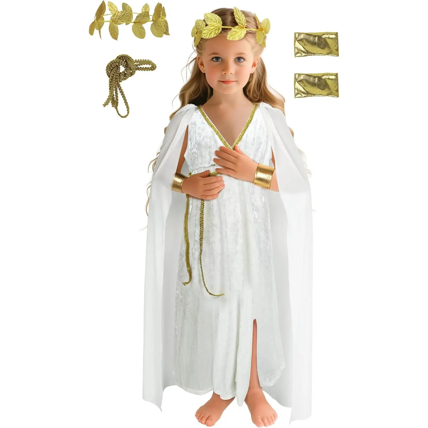 6-Piece Kids Greek Toga Costume Pack, Halloween Cosplay Wear, Roman Goddess Grecian Outfit for Children