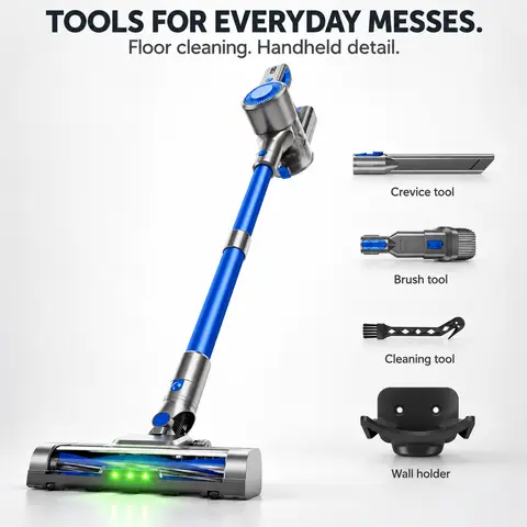 BSNAW Lightweight Stick Vacuum - 6-in-1 Cordless Multi-Use Device, Green LED Anti-Tangle Brush, Rechargeable Handheld Suction Tool, 40mins Runtime, Clean Floors Dirt Removal Solution for Pet Hair & Hard Floors, Dirt Removal Vacuums