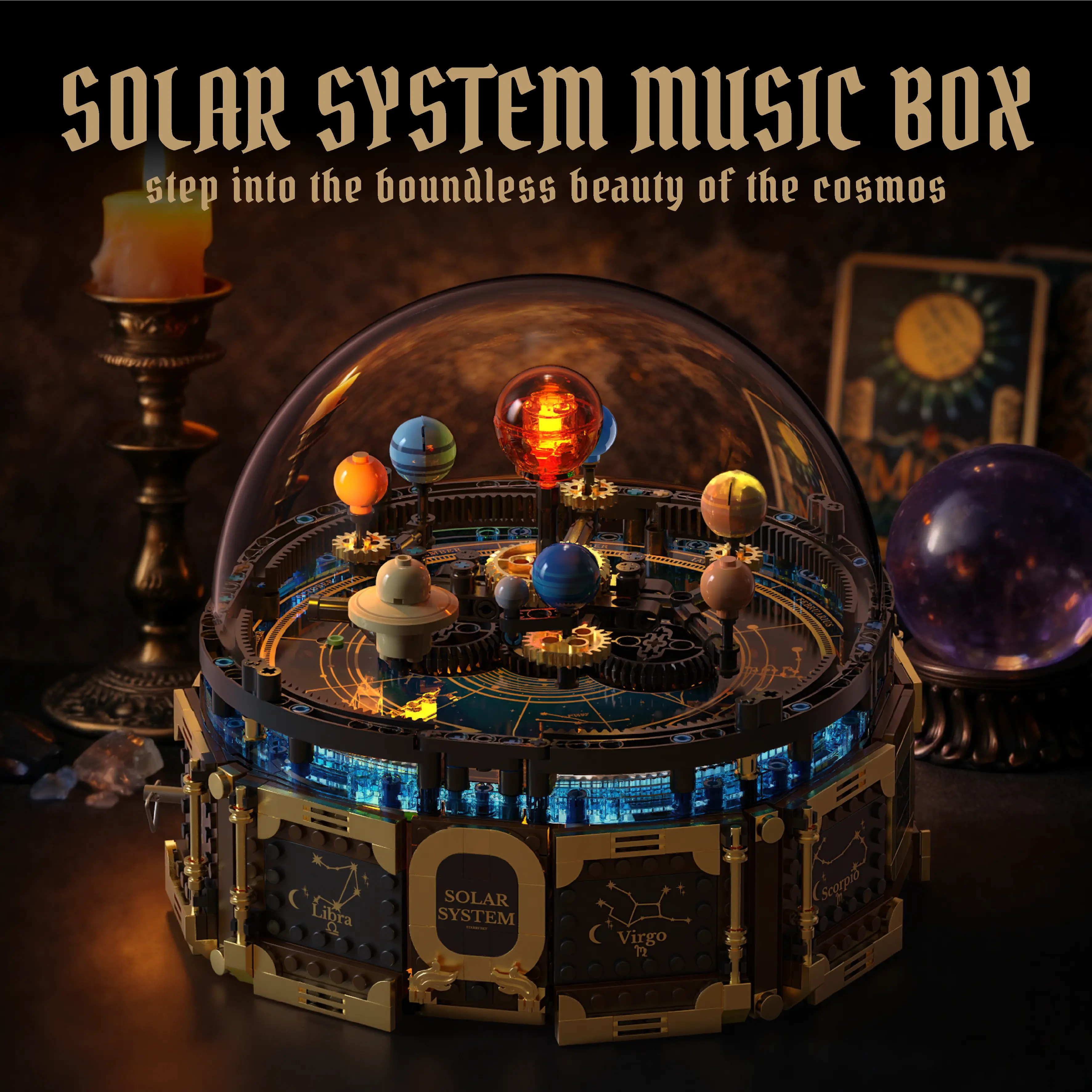 Summerwins 989PCS Solar System Music Box Building Block Kit, Unisex Vintage Gear-Driven Mechanical Rotating Planet Model with LED Light, STEM Science DIY Toy, Space Desk Decoration, Kids' Birthday Gift Christmas Set