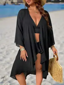 Plus Size Black Kimono Outwear - Minimalist Beach Vacation Cover-Up - Lightweight Long Sleeve Robe