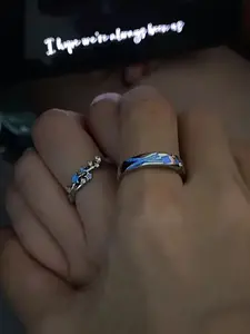 Blue Glow Couple Ring Set, Promise Ring, Anniversary Ring, Meteor Shower Theme, Perfect for Anniversaries, Christmas, Valentine's Day, Wedding Gifts, Stainless Steel