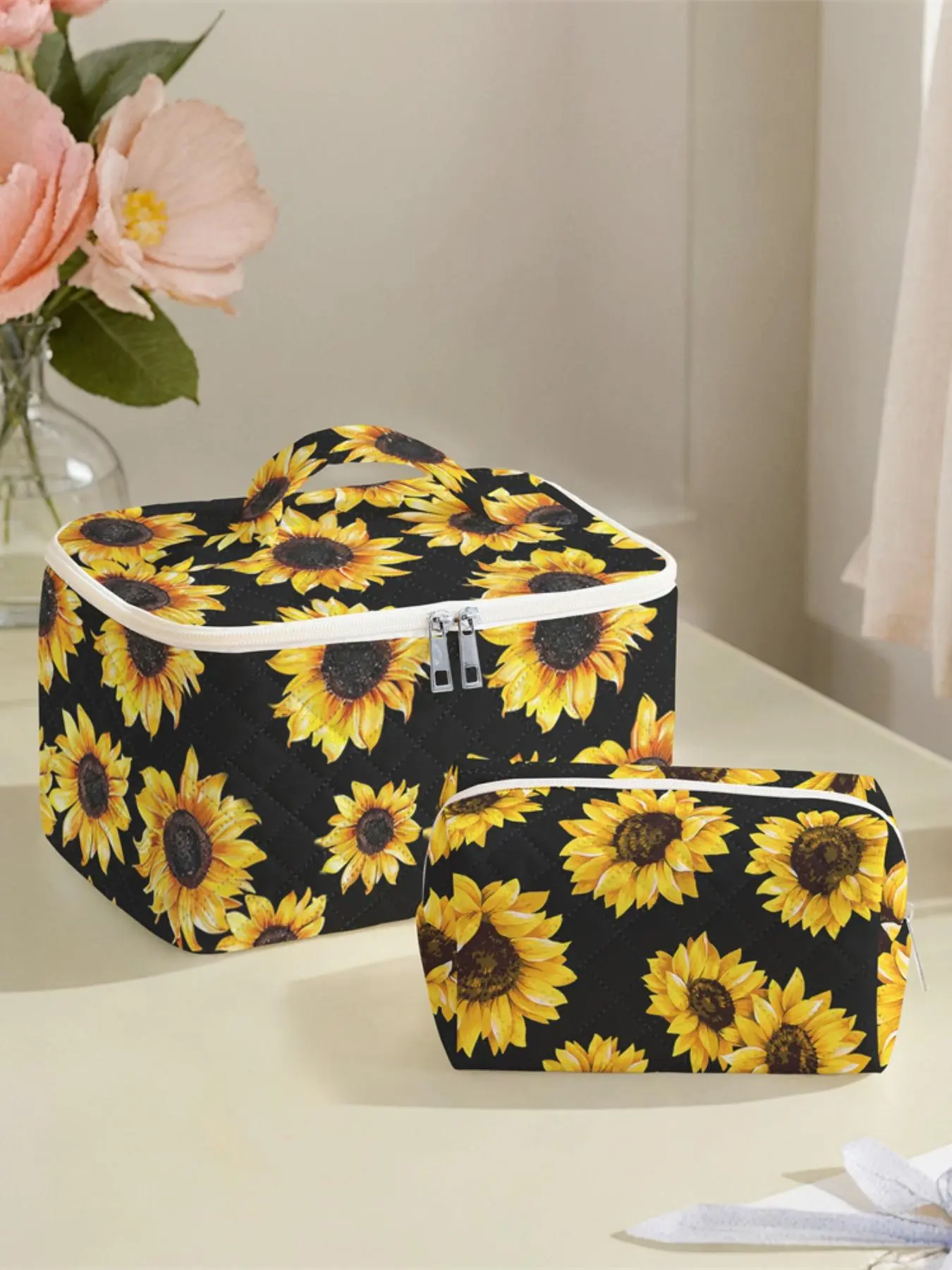 Sunflower Pattern Cosmetic Storage Bag Set, Large Capacity Travel Cosmetic Storage Bag, Portable Zipper Makeup Organizer Pouch, Travel Beauty Bag, Toiletry Pouch, Travel Cosmetic Bags
