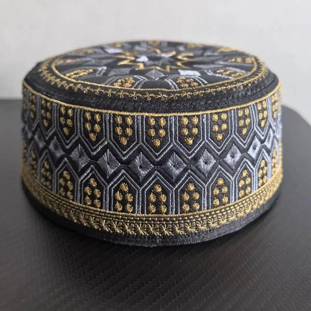 Islamic Kufi Hat for Men, Embroidered Round Polyester Cap for Worshipping, Thin Comfortable Fit, 56-58cm, Embroider