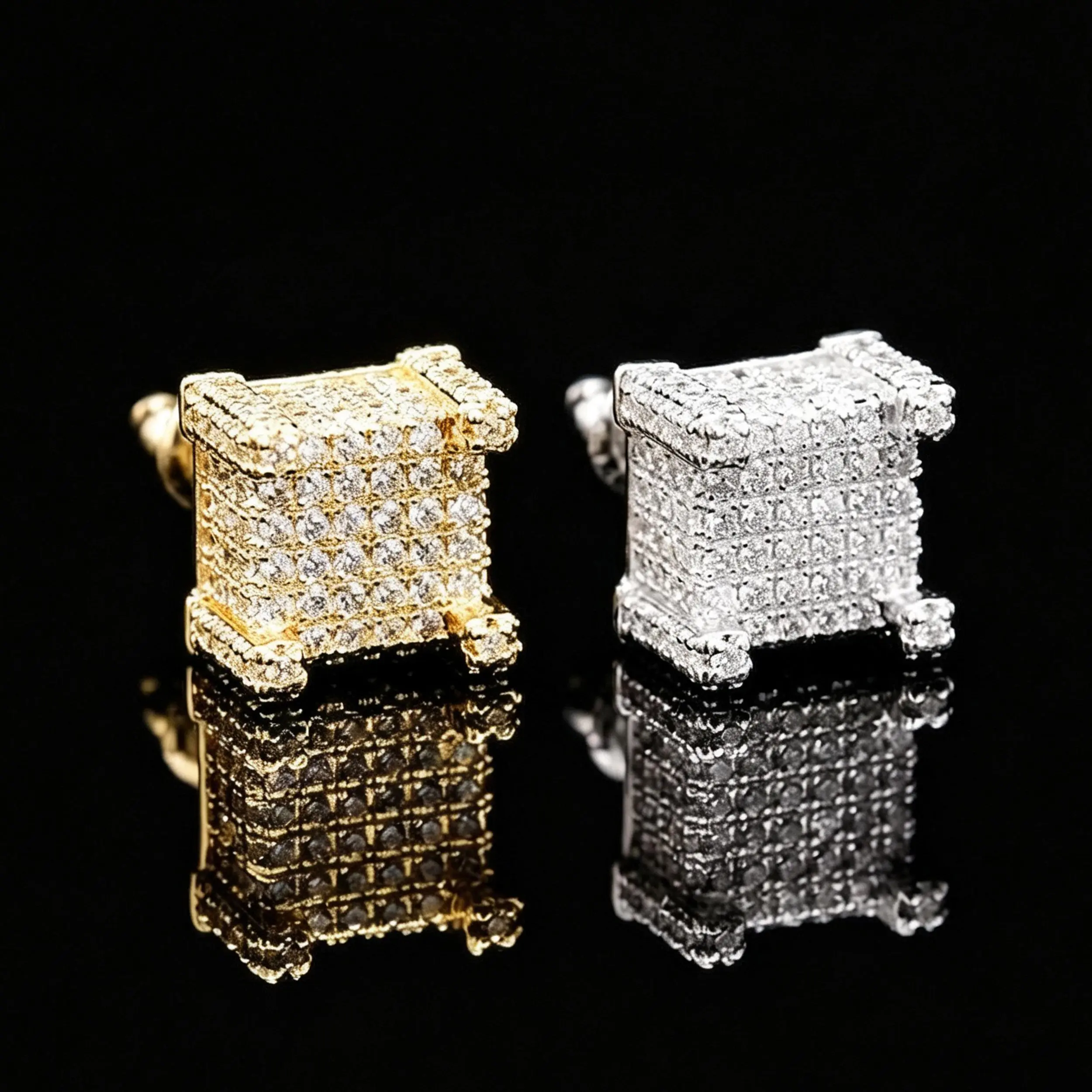 Square round Studing Earrings 14K Gold Plated 5A+ Cubic Zirconia Iced Out Hypoallergenic Cube Large Stud Earrings For Men Women