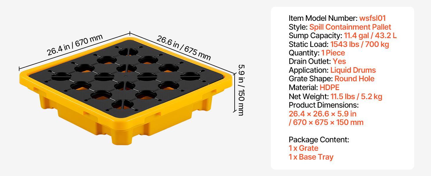 VEVOR Spill Containment Pallet, 1 Drum Low Profile Spill Containment Modular Platform, 11.4 Gallon Sump, 1543 lbs Load Capacity, Heavy-Duty Polyethylene Tray with Drain, 26.4" x 26.6" x 5.9", Yellow#BackToSchool