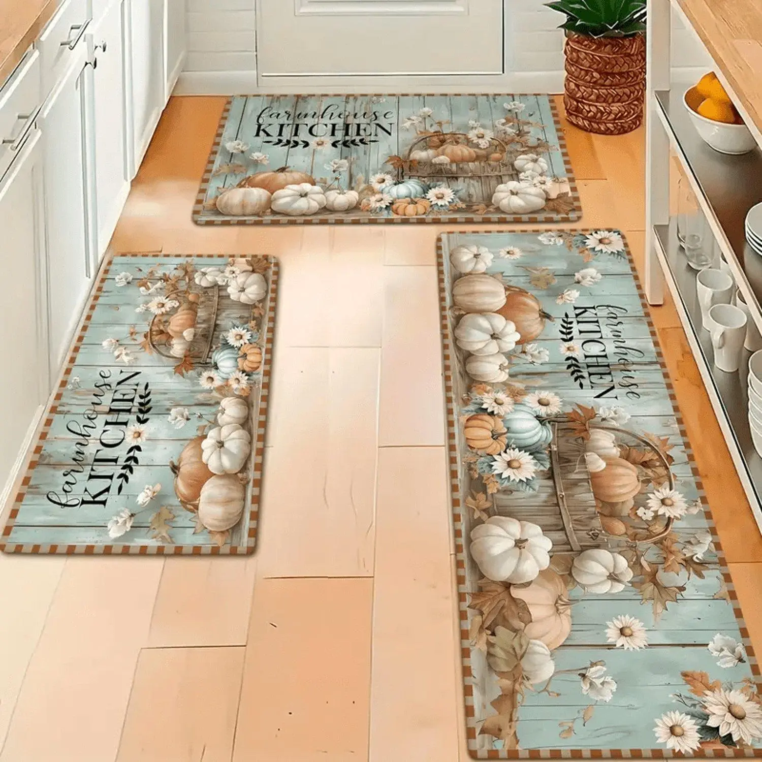 1pc Cozy Farmhouse Autumn Pumpkin Floral Pattern Flannel Floor Mat Easy to Clean for Dining Area and Entrance