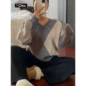 Women's checkered V-neck long sleeved pullover sweater, autumn and winter loose color matching casual fashion comfortable cute sweater top, women's autumn sweater, women's winter sweater, women's autumn clothingRAIMENTRY