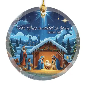 Nativity Scene For To Us A Child Is Born Isaiah 9:6 Clear Acrylic Religious Christmas Decoration Christian Gift Keepsake Round Disc Ornament