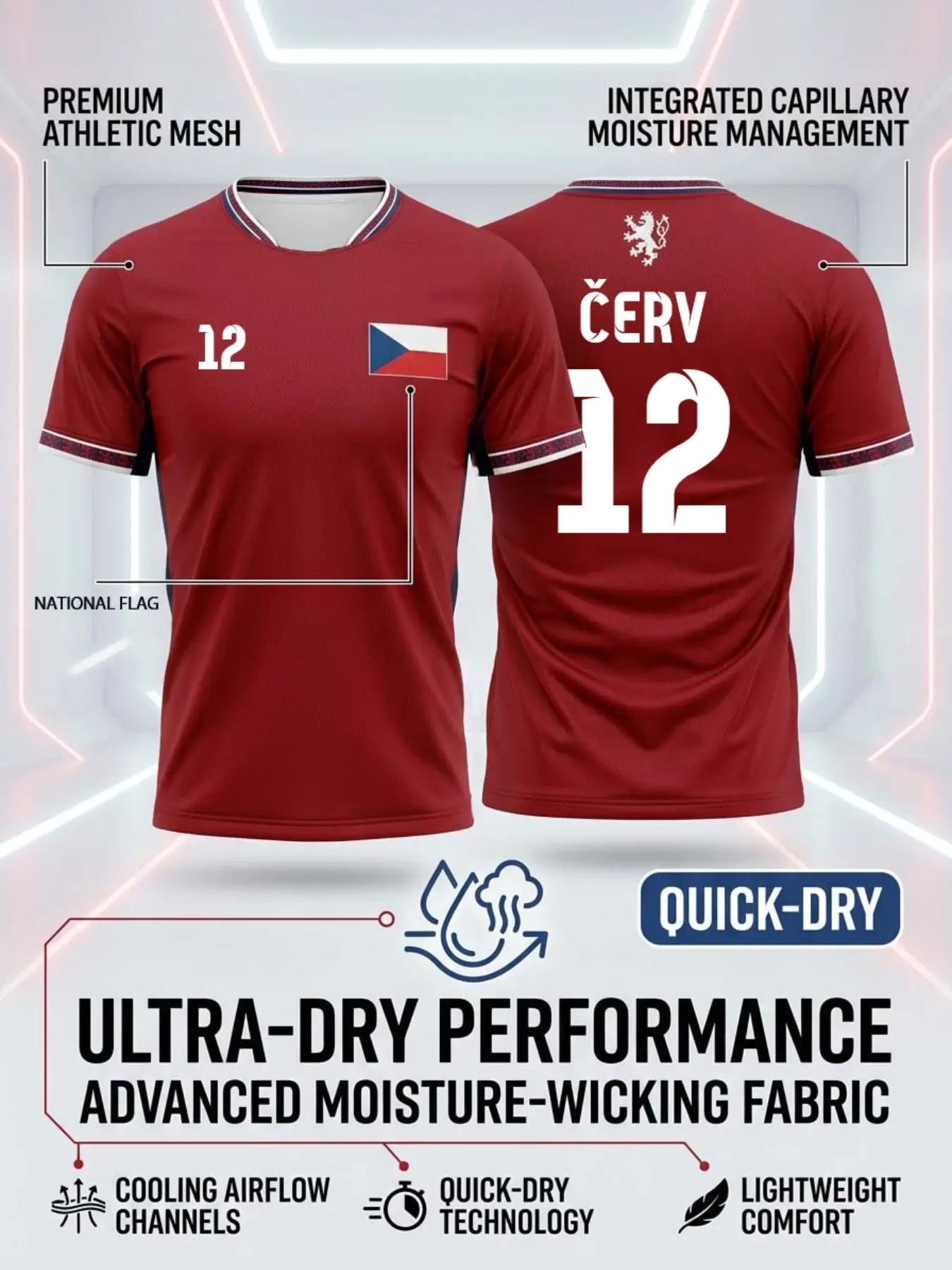 2026 Czech Republic Soccer Jersey Men's National Team Football Shirt - Ultra-Dry Performance Mesh - Lightweight Moisture-Wicking Training Tee - Dark Red Sport Jersey - Sports Clothing