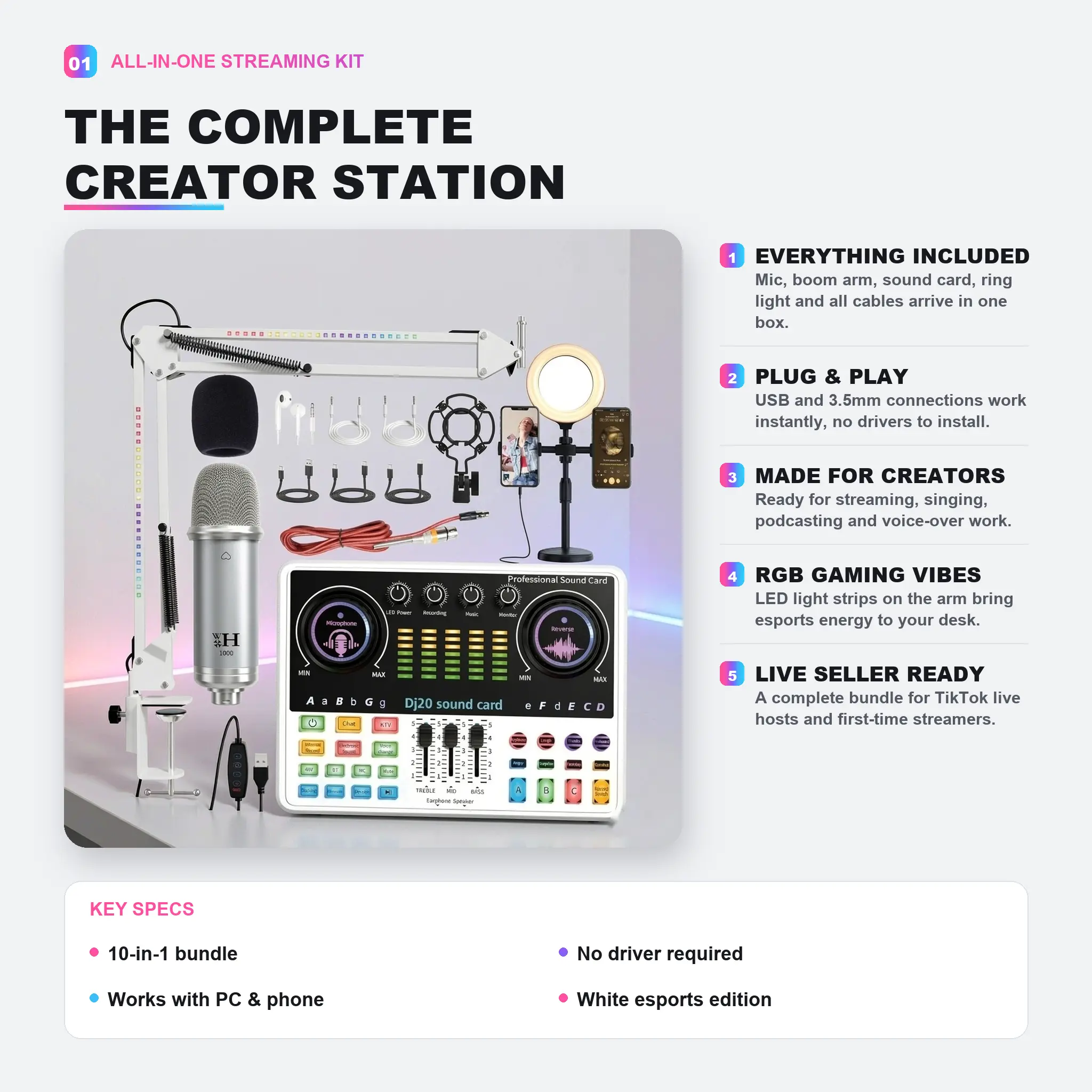 Condenser Microphone with Sound Card Bundle - 1000+DJ20 Audio Mixer, Voice Changer, RGB Ring Light Podcast Equipment Kit for Live Streaming, Recording on PC/iPhone/Android