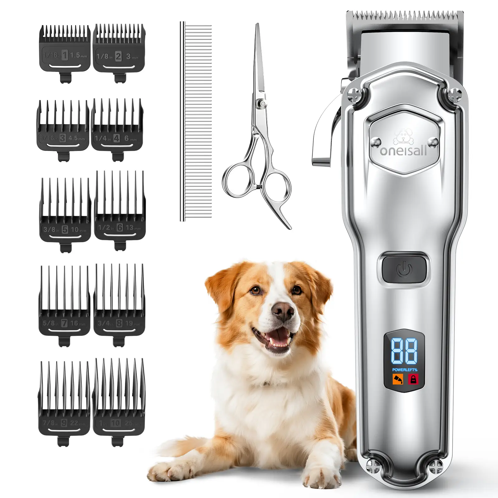 oneisall pet electric clipper for thick hair grooming, low noise rechargeable cordless pet shaver, stainless steel blades, waterproof shaver for dogs,