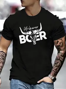 Men's Round Neck T-Shirt, Afrikaner Boer Cow Skull Print, Western Heritage Style, Soft Cotton Fabric, Casual Daily Wear & Street Fashion