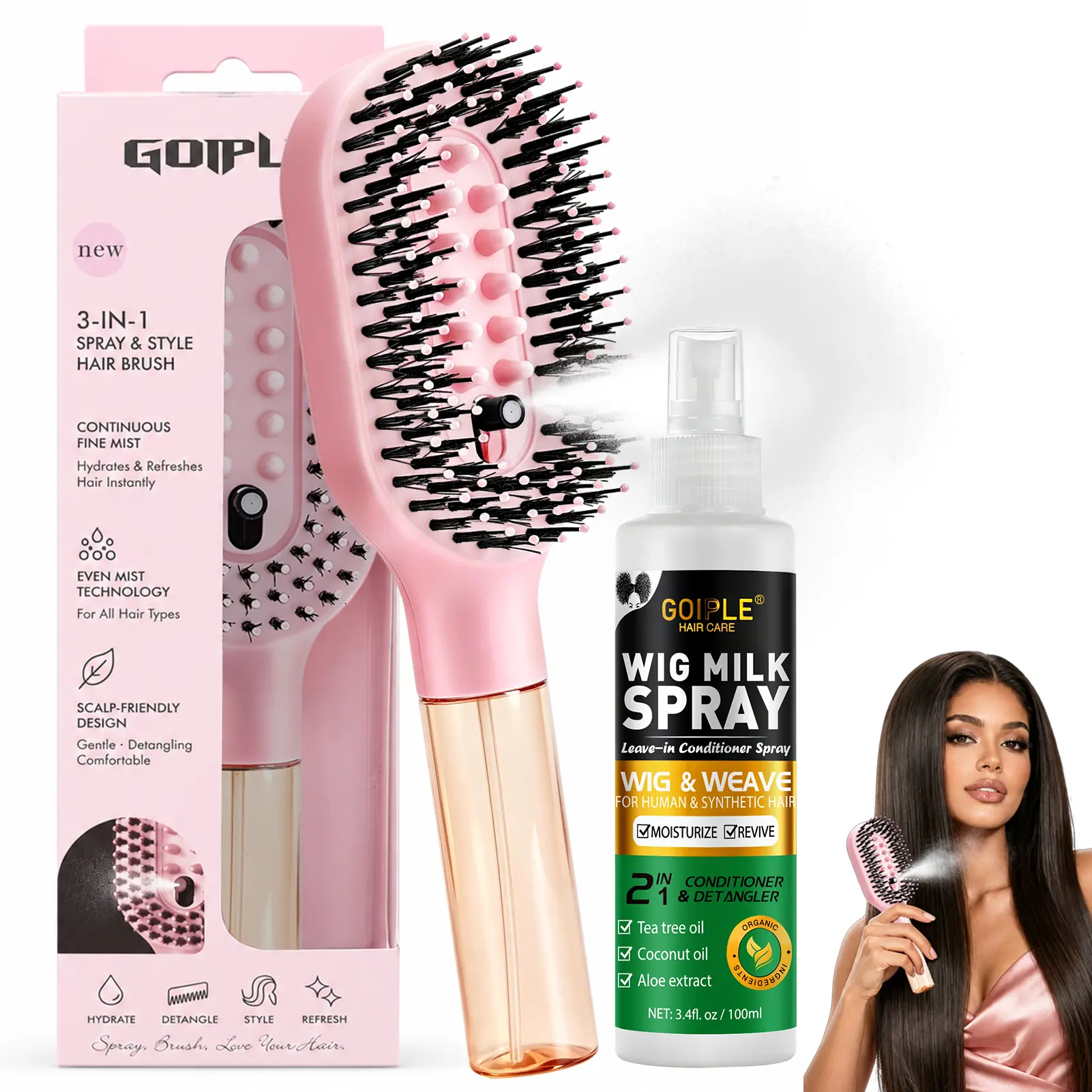 3‑in‑1 Mist Spray Hair Brush With Wig Milk Spray‑Anti‑Frizz Ionic Detangling Comb,Refillable Water Tank,Scalp Massage Bristle for Dry Curly Thick Wig & Human Hair