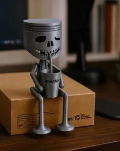 Skeleton Coffee Figurine 3D Printed Desk Sculpture for Garage & Man Cave Matte Metallic Gray PLA Premium 6.5 in Height Ideal for Desks Shelves and Garages