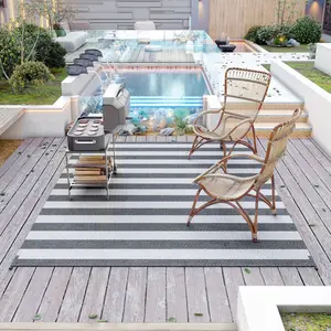 Outsunny Reversible Outdoor Rug, 9' x 12' Waterproof Plastic Straw Floor Mat, Portable RV Camping Carpet, Large Floor Mat for Backyard, Deck, Picnic, Beach, Gray & White Striped