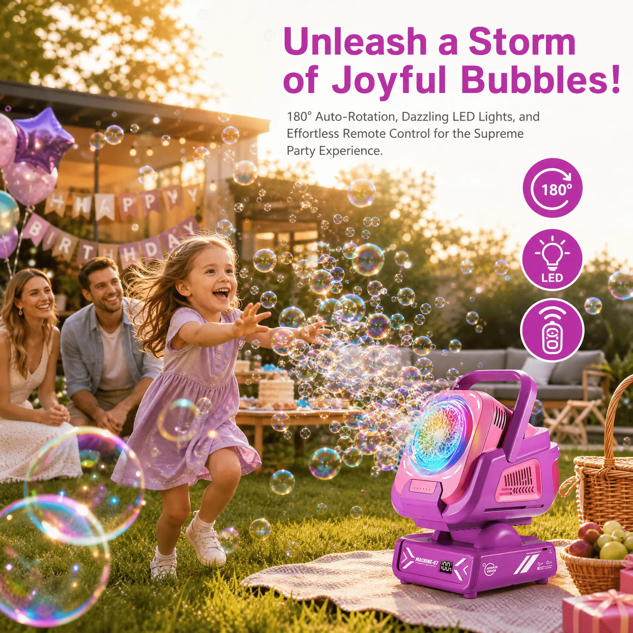 Upgraded Bubble Machine Remote Auto Rotate RGB Lights 1800mAh Rechargeable With 50ML Bubble Concentrate