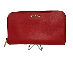 Pre-owned PRADA Saffiano Leather small leather goods Pink Red Long Zip Around Wallet