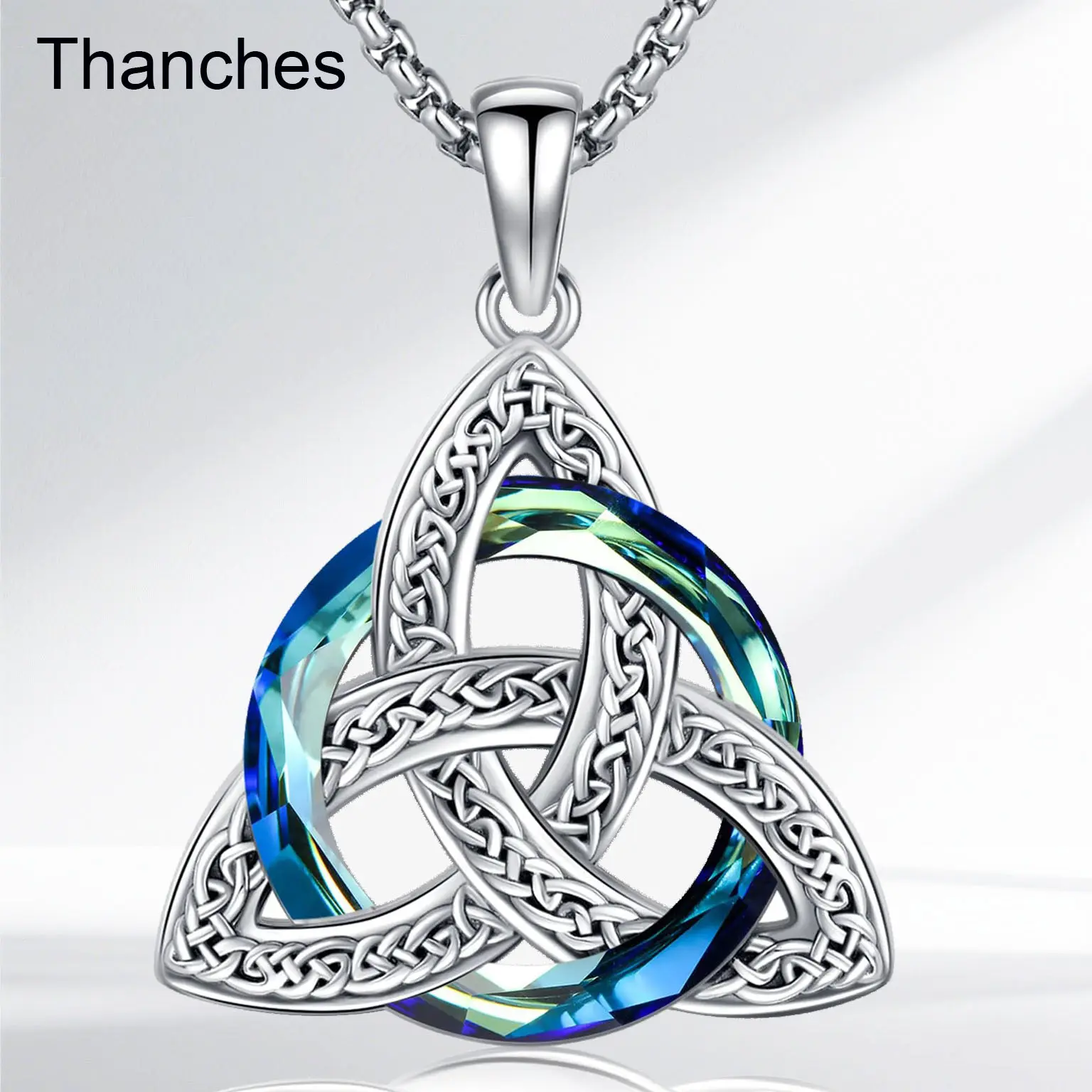 Thanches Celtic Trinity Knot Necklace S925 Sterling Silver Crystal Pendant Witches Protection Amulet Faith Accessory Jewelry for Women Men