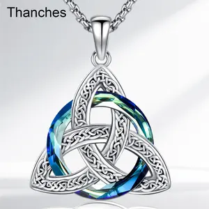 Thanches Celtic Trinity Knot Necklace S925 Sterling Silver Crystal Pendant Witches Protection Amulet Faith Accessory Jewelry for Women Men
