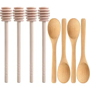 8 Pack Honey Sticks Dipper Set 6 Inch Honeycomb Stirrer 4 Pcs with 4 Bamboo Honey Spoons Mini Wooden Wand for Drizzle Dispense Wedding Party Decor Favors Gift