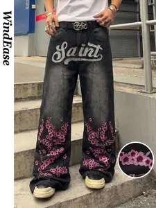 Men's Embroidered Denim Jeans, Loose-Fit Zipper Fly, Casual Streetwear, Vintage Style, Floral Patchwork Design, Perfect for Daily Wear