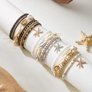 Boho Starfish Shell Anklet Set for Women – Summer Beach Seed Bead Stretch Anklet Bracelet, Cute Coastal Foot Jewelry for Vacation, Festival, Beach Party & Everyday Summer Outfit
