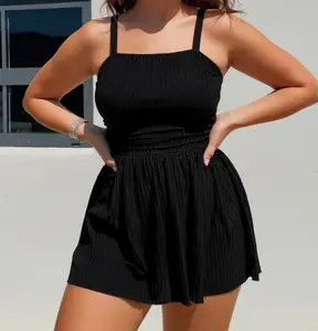 Must-have for curvy plus-size girls | Plus-size black ribbed one-piece swimsuit dress, pleated tummy control slimming one-piece swimwear, friendly for full figures, suitable for beach vacations and pool parties - SummerVibes