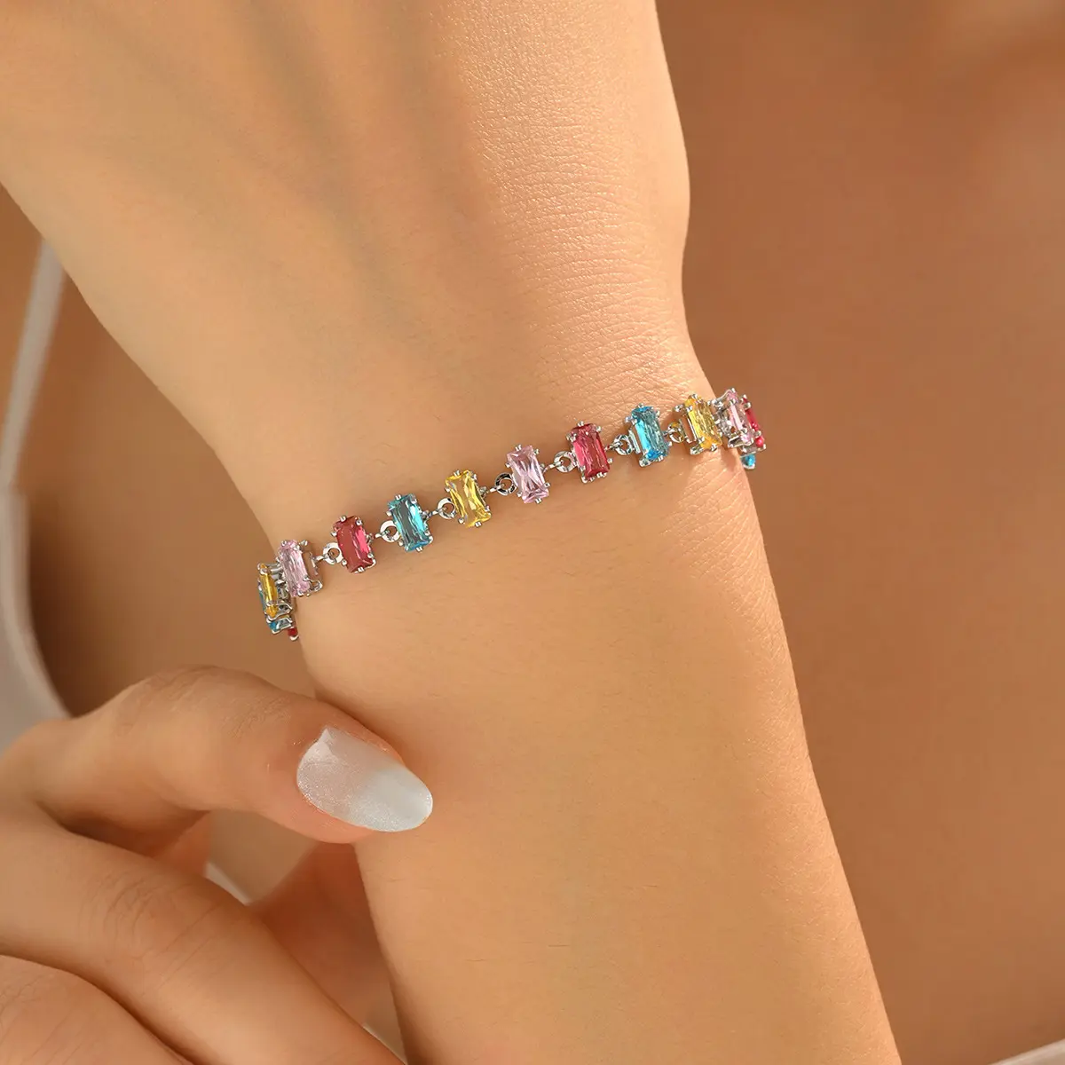Rainbow Crystal Bracelet for Women, Colorful Emerald Cut Tennis Bracelet, Adjustable Dainty Multicolor Jewelry Gift