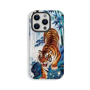 Domineering Embroidery Style Rugged Phone Case with Tiger Downhill Pattern, Cool Protective Case, Gift for Him or Her, Shockproof, Double Shell Anti-drop, Wear Resistant, Phone Case Suitable for Iphone 11/12/13/14/15/16/17 Pro Promax Plus Air