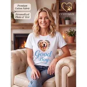 Personalized Custom Photo T-Shirt Premium Cotton Short Sleeve Graphic Tee with DIY Text, Casual Crewneck Unisex Shirts for Men Women, Sweet Pet Portrait Printed Summer Apparel, Perfect Gifts Dog And C