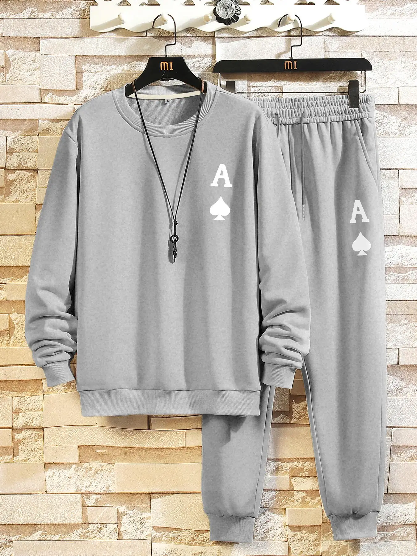 Men's Playing Card Print Sweatshirt & Drawstring Waist Sweatpants Set, Regular Fit Casual Long Sleeve Pullover & Pants, Outfit Sets for Men, Men's Spr