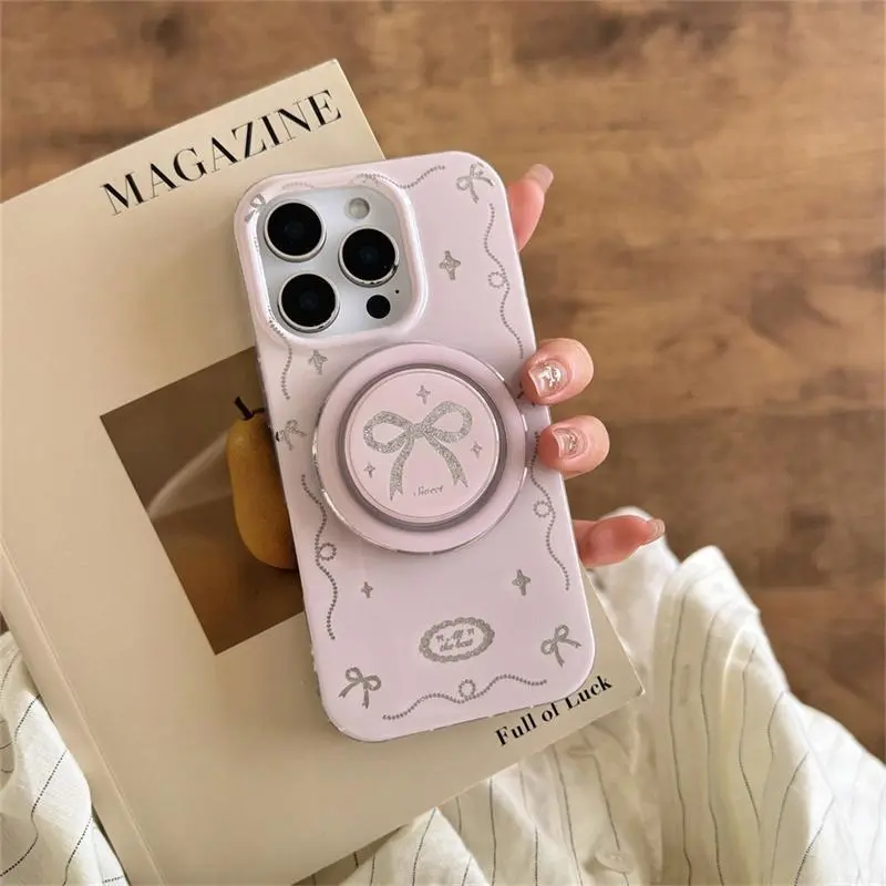 Hyperrealism Art TPU Phone Case with Glam Cute Pink Bow Angel Wings Magnetic Stand, Wireless Charging Compatible, for iPhone 13-16 Pro Max
