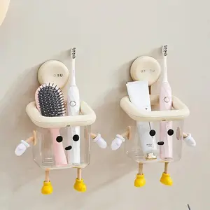 Cute wall mounted toothbrush holder, toothbrush storage, no need for drilling suction cup design, high-end multifunctional transparent container