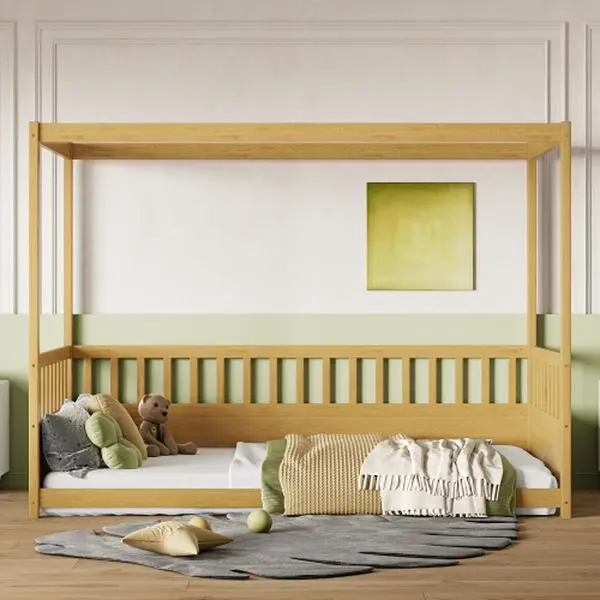 【Bellemave】Twin /FullSize Canopy Bed Frame with Guardrails for Kids,Floor Bed Twin with Four Poster Design,Kids Montessori Floor Bed,Wood Canopy Bed Frame for Girls,Boys(Twin,Natural)