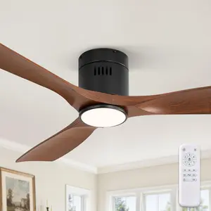 52" Ceiling Fans with Lights and Remote Control,Modern Flush Mount Ceiling Fan with 3 CCT,Low Profile Ceiling Fans with 6-Speeds Reversible DC  for Patio Living Room Bedroom(Walnut)