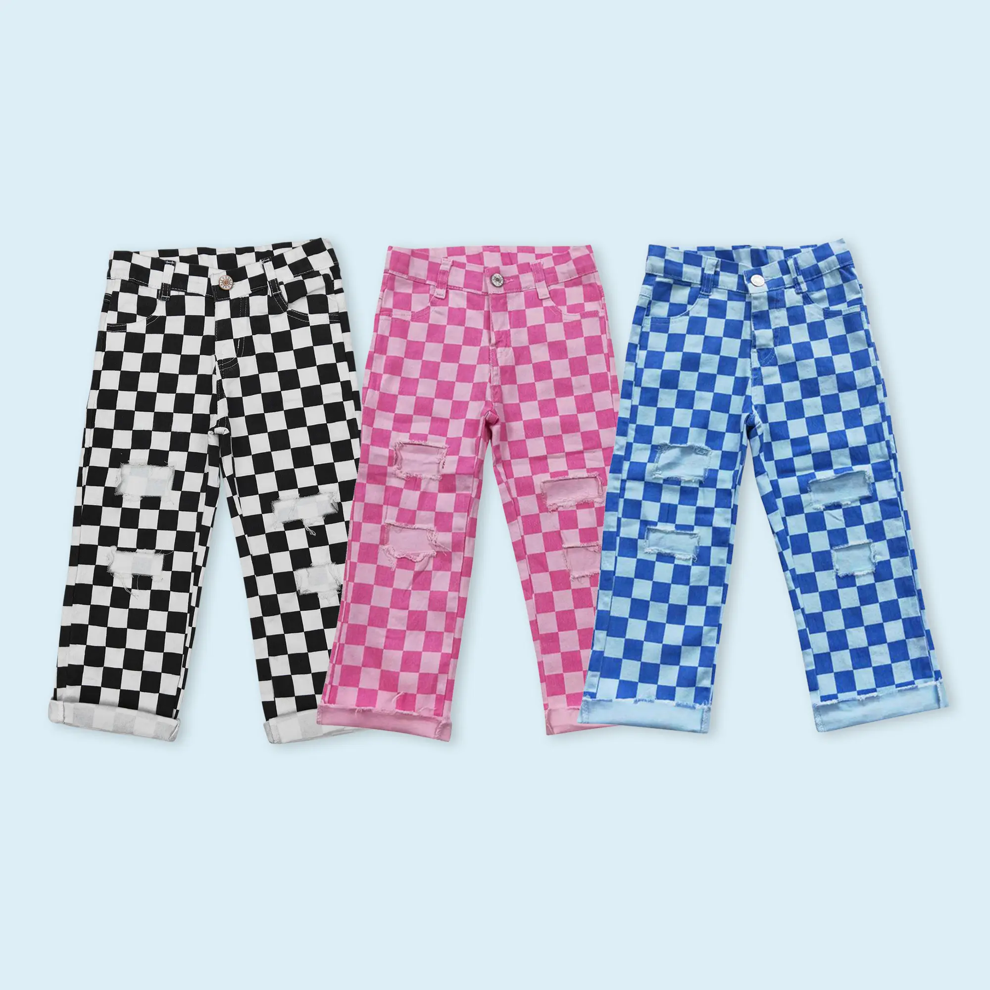 Pink checkered hold design toddle girls jeans casual wear pants