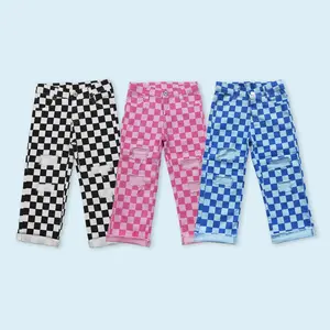 Pink checkered hold design toddle girls jeans casual wear pants
