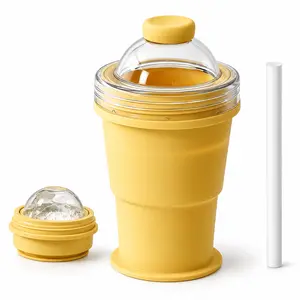 2-in-1 Collapsible Silicone Ice Ball Maker Cup, Reusable Ice Sphere Mold with Straw & Lid – Perfect for Coffee, Juice, Beer, Whiskey & Summer Cold Drinks