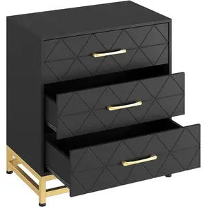 Storage Cabinet  3 Drawer Triangle Pattern Chest - MDF + PB + Iron  Black  Sleek Storage for Bedroom  Living Room  Office