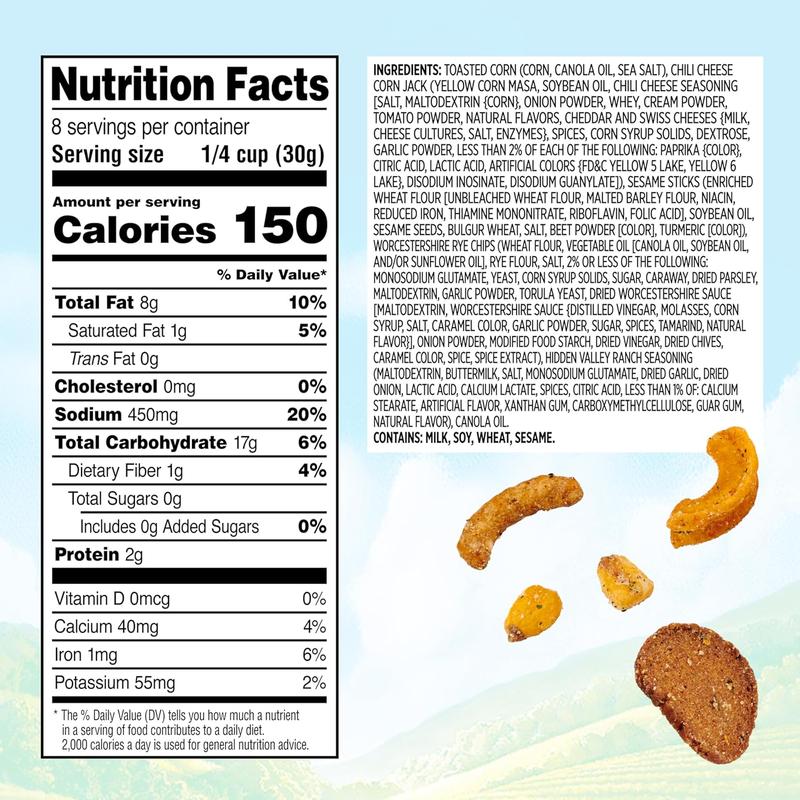 Crunch Mix with Hidden Valley Ranch Seasoning, Toasted Corn Nuggets, Chili Cheese Corn Jacks, Sesame Sticks & Rye Chips, Family Size, 8 Ounce