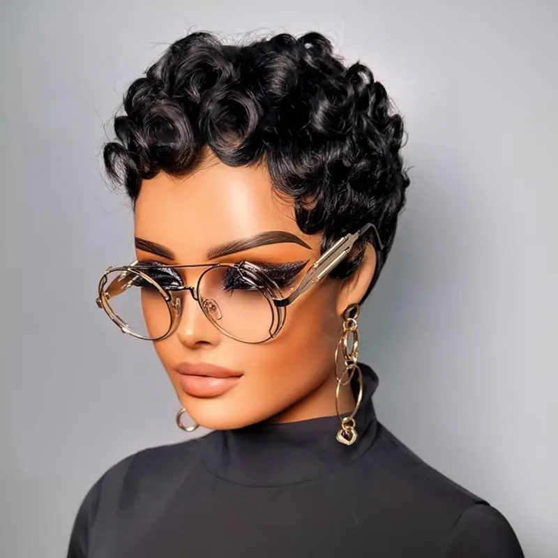Short Curly Synthetic Hair Wig, Daily Wear Wig, Pixie Cut Wigs for Women, Short Layered Curly Pixie Cut Wigs with Bangs, Natural, Natural Looking Wigs, Loose Curly Wig, Synthetic Material Wigs