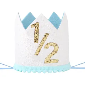 Half Party Hat, 1/2 Pink Glitter Birthday Crown for 6-Month, Birthday Party Photo Prop