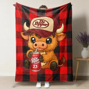 Funny Highland Cow Wearing Hat Throw Blanket, Dr Pepper Soda Graphic, Red and Black Checkered Flannel Fleece Blanket for Couch Bed, Soft Cozy Western Decor, Birthday & Mother's Day Gift for Cow Lovers, Modern Farmhouse Room Aesthetic