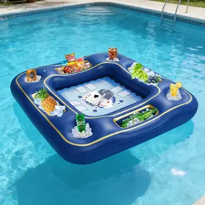 100cm Inflatable Pool Poker Table with Waterproof Playing Cards - 4 Person Floating Card Table for Adults - Blue & Gold Premium Pool Game Set for Lake, River, and Swimming Pool Party