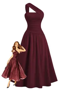 1930s Solid Surplice One-Shoulder Waist Ruched Dress