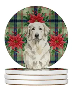 Carolines Treasures WDK8658RCS4 4 x 4 in. White Great Pyrenees Christmas Poinsettias Large Sandstone Coasters, Pack of 4