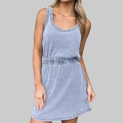 Women's Ashleigh Blue Mineral-Wash 82%Cotton+10%Polyester+8%Viscose Casual A-Line Tank Dress - U-Neck/Scoop Neck, Elastic Waist, Sleeveless Mini, Side Pockets, Minimalist Clothes for Women, Machine Washable Summer Layering Piece