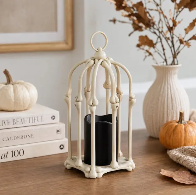 Ivory Skeleton Cage LED Lantern with Flameless Candle - 12.4 in Gothic Garden Decor, Tabletop Sun Catcher, Home Improvement Sculpture for Halloween
